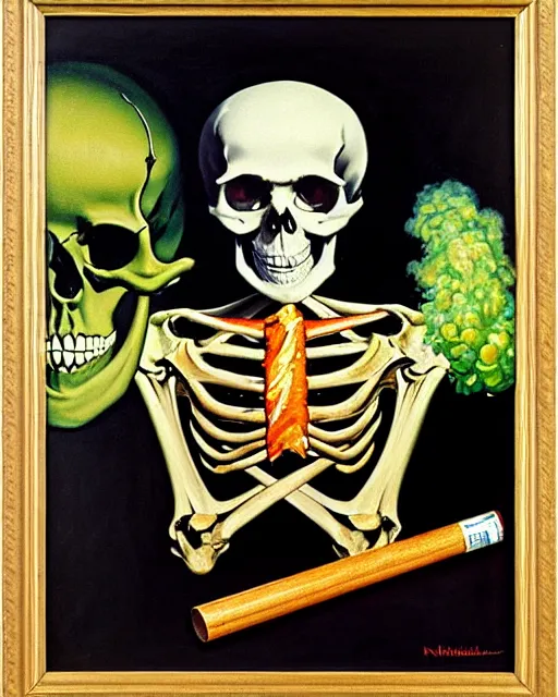 Prompt: oil geometric painting of skull skeletons smoking weed by norman rockwell