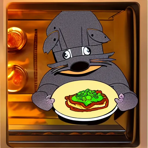 Image similar to anime style cute platypus on a kitchen wearing a chef hat and holding a lasagna into an oven, anime style, 3 d, chibi style