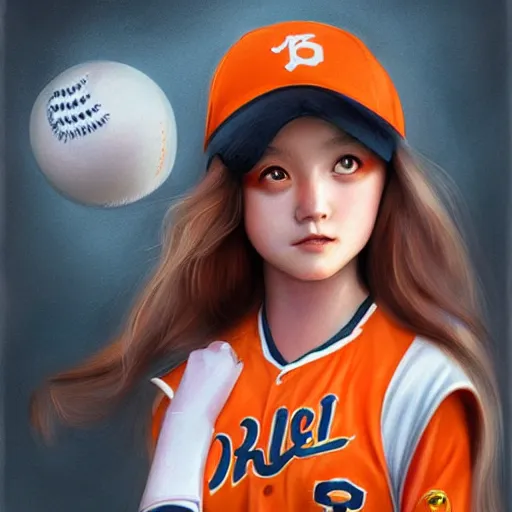 Prompt: A young girl with orange eyes wearing an orange baseball uniform, matte painting by Artgerm