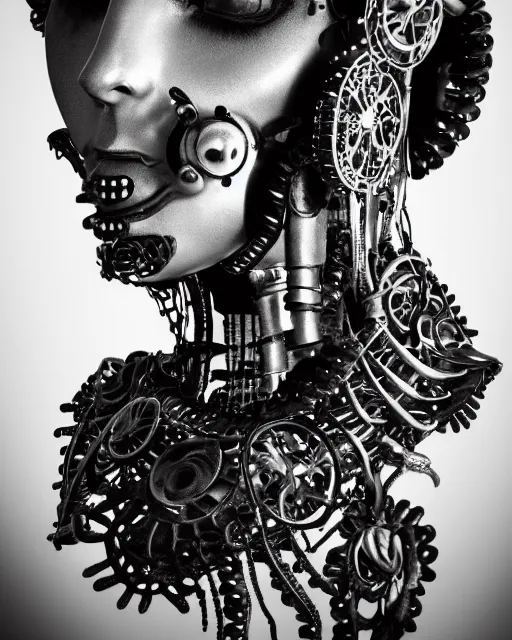 Image similar to black and white dreamy foggy smoky profile face portrait, one silver steampunk eye biomechanical beautiful young female cyclope - cyborg - robot bust, body ribs meshes,, volumetric light, hibiscus flowers, by hg giger, rim light, by dora maar and cecile beaton, big gothic fashion pearl embroidered collar, 8 k