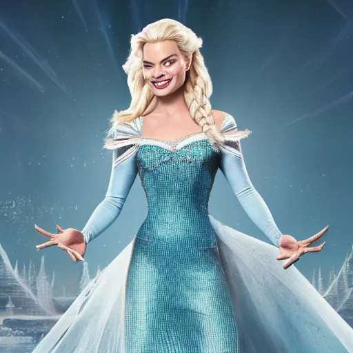 Image similar to Margot Robbie as Elsa in disney frozen live action, 8k full HD photo, cinematic lighting, anatomically correct, oscar award winning, action filled, correct eye placement,