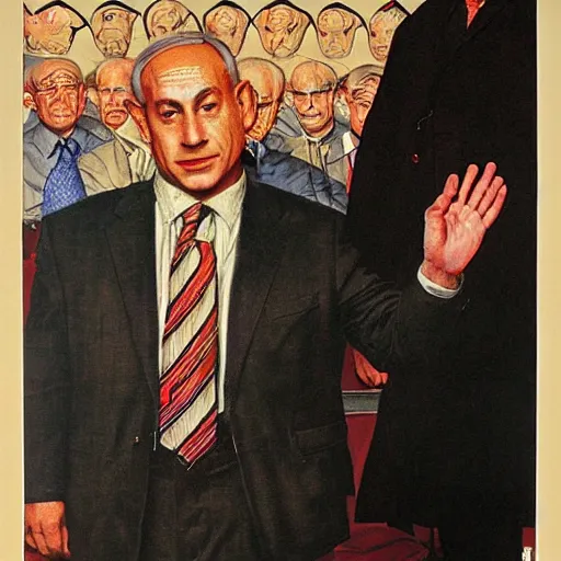 Image similar to absurdist art of benjamin netanyahu, by michael cheval and norman rockwell