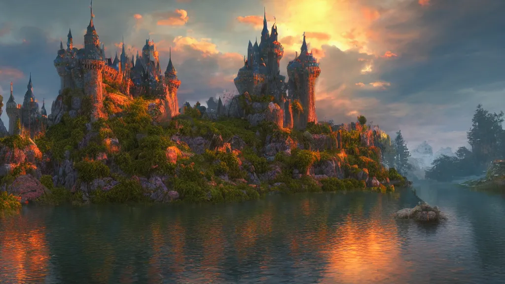 Image similar to fantasy castle with lake in sunset, fantasy artwork, very very very beautiful scenery, hd, hdr, ue5, ue6, unreal engine 5, cinematic 4k wallpaper, 8k, ultra detailed, high resolution, artstation, award winning