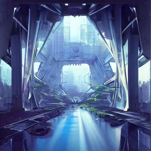 Image similar to overgrown futuristic cityscape located under a bridgeway, world seen only through a portal, daylight, cinematic perspective, cinematic lighting, blue sky, syd mead, john harris, symmetrical