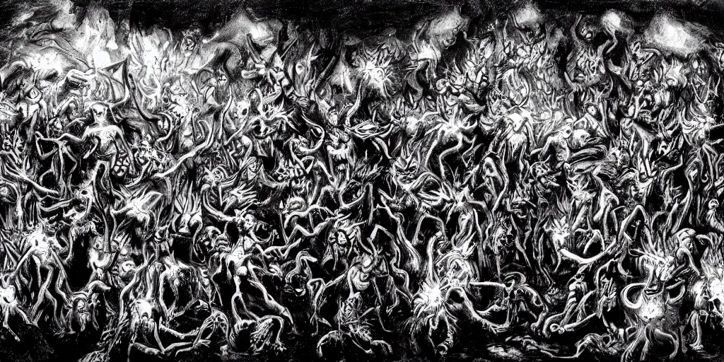 Prompt: demonish scene with many small demons and one bigger in the middle, red color, candles, bodies, gore, black and white, monochromatic