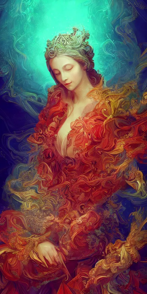 Image similar to ai dreams of god. baroque, deep focus, fantasy, intricate, elegant, highly detailed, digital painting, artstation, sharp focus, illustration. scarlet - green and mustard - indigo and azure - orange and white color scheme.