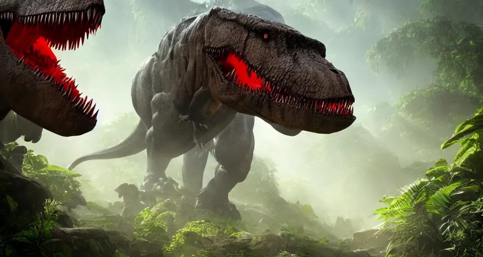 Prompt: closeup portrait of a colossal weaponized t-rex in a jungle environment, dramatic lighting, cinematic, octane render, cgsociety, artstation, 4k