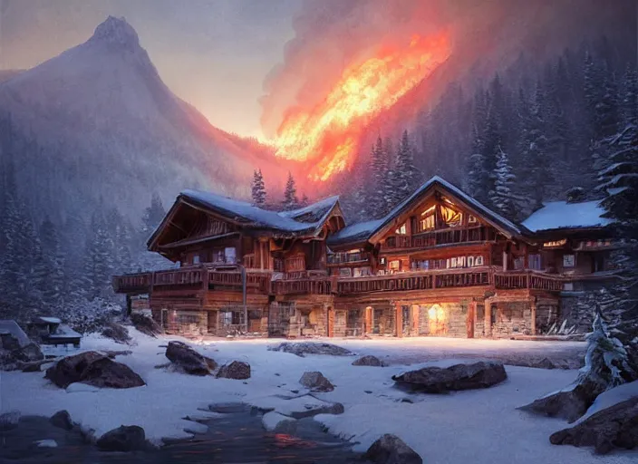 Image similar to mountain chalet covered in fire, smoke, sunrise, snow, sharp details, sharp focus, elegant, highly detailed, illustration, by Jordan Grimmer and greg rutkowski and PiNe(パイネ) and 薯子Imoko and 香川悠作 and wlop and maya takamura, intricate, beautiful, Trending artstation, pixiv, digital Art