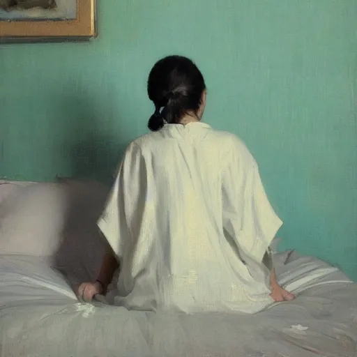 Prompt: girl with pigtails, in kimono, backview, sitting on edge of bed, by jeremy lipking, tim rees, joseph todorovitch