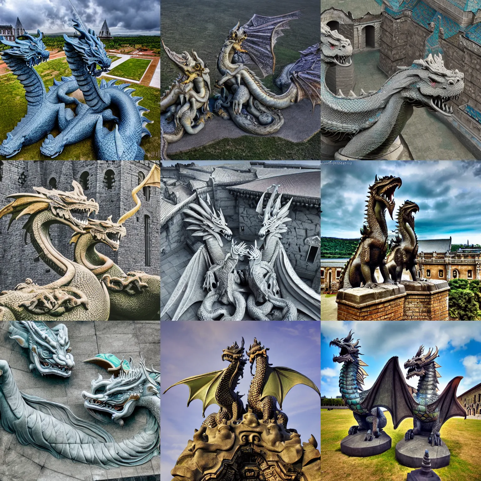 Prompt: two dragon statues in front of a fortress, digital art, shot from a birds eye camera angle