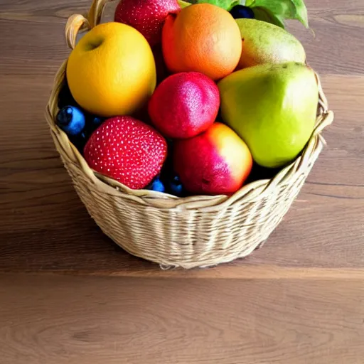 Prompt: a fruit basket on top of a kitchen table