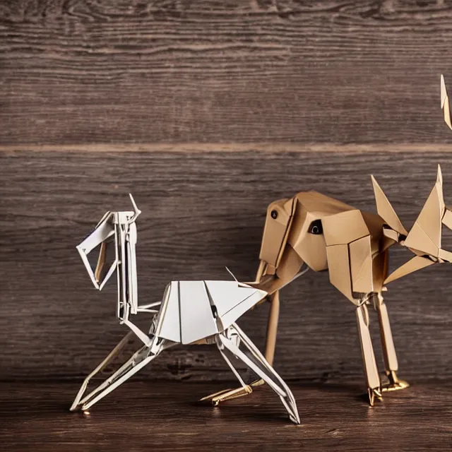 Prompt: a photograph of a deer origami and a robot mecha origami on top of a wooden table