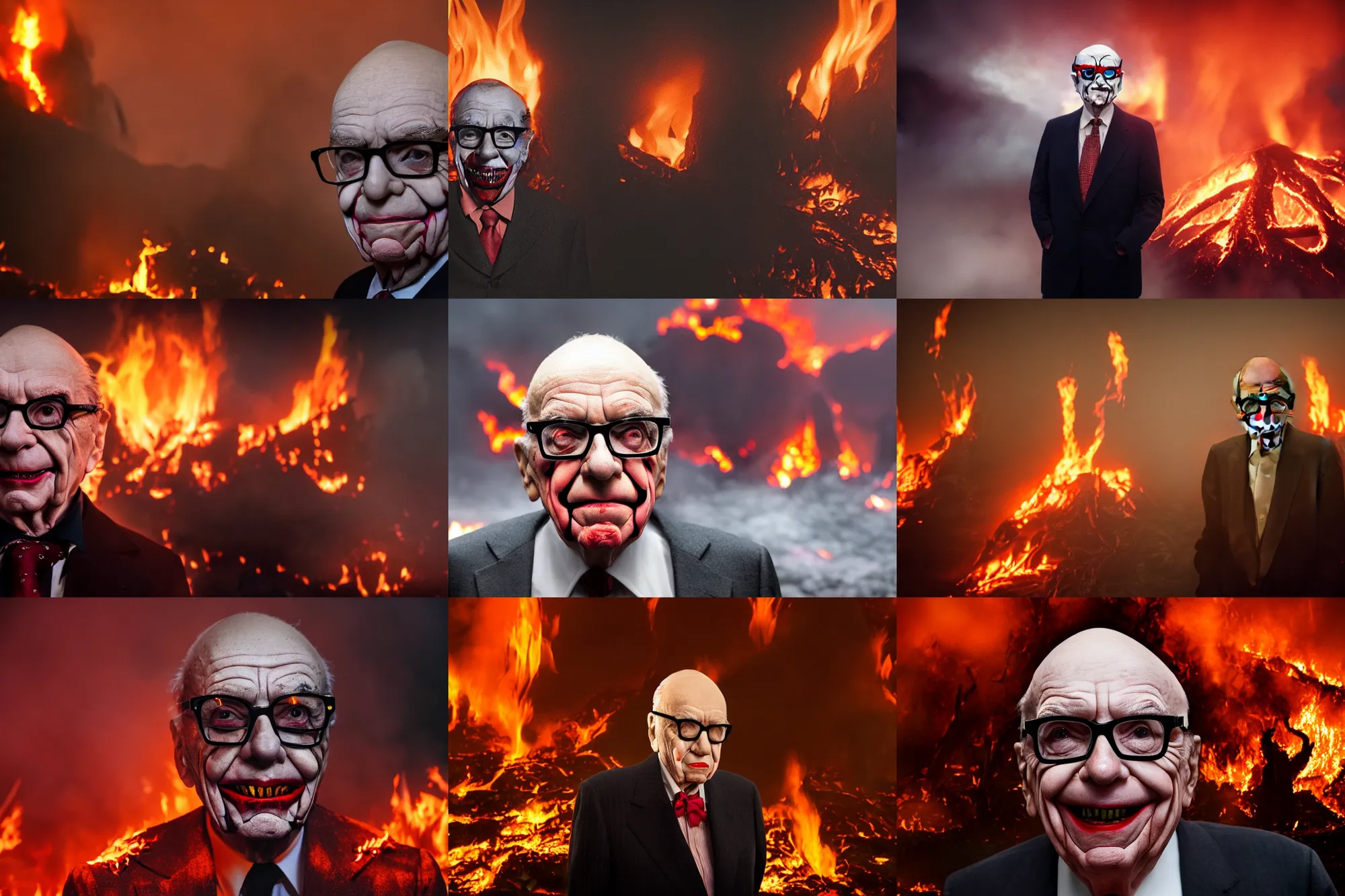 Prompt: Rupert Murdoch as The Joker wearing glasses, standing in hell surrounded by fire and flames and lava and brimstone and his demonic army, volumetric fog, portrait photography, depth of field, bokeh