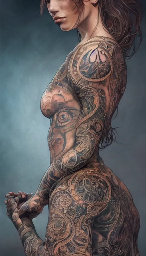 Prompt: fully tattooed girl, shaman clothing, ritual, fame of thrones, fibonacci, sweat drops, insane, intricate, highly detailed, surrealistic, digital painting, artstation, concept art, smooth, sharp focus, illustration, unreal engine 5, 8 k, art by artgerm and greg rutkowski and alphonse mucha