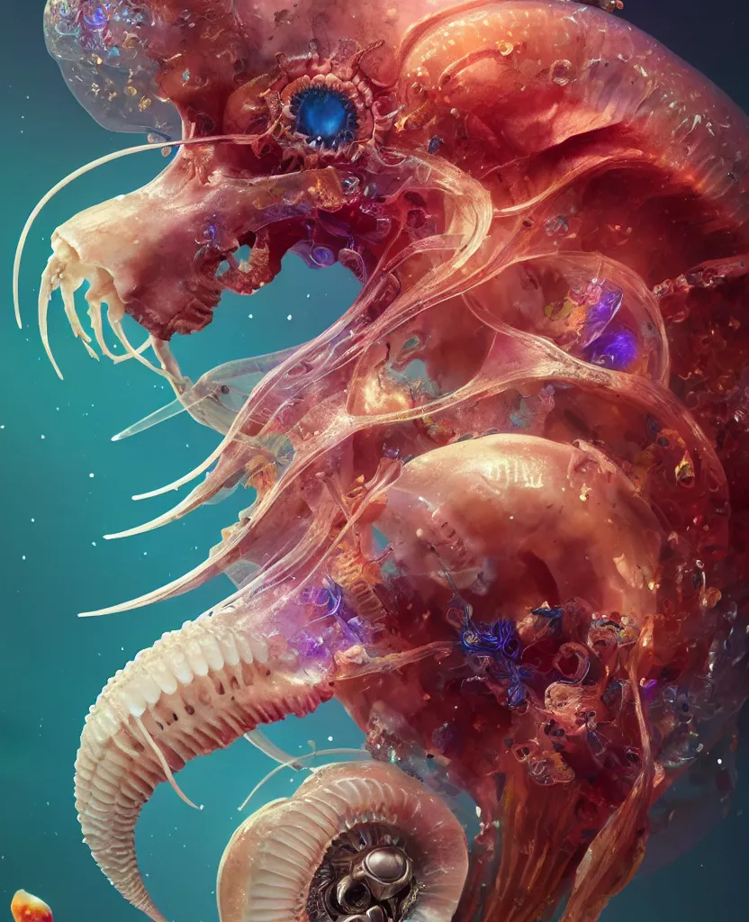 Image similar to goddess close-up portrait goat skull. jellyfish phoenix head, nautilus, orchid, skull, betta fish, bioluminiscent creatures, intricate artwork by Tooth Wu and wlop and beeple. octane render, trending on artstation, greg rutkowski very coherent symmetrical artwork. cinematic, hyper realism, high detail, octane render, 8k