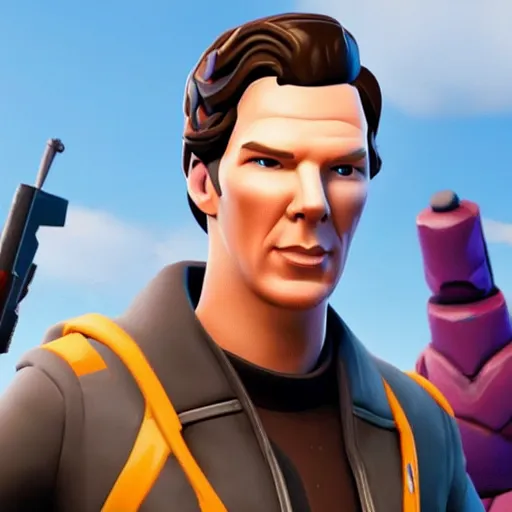 Prompt: a screenshot of benedict cumberbatch in the video game fortnite. 3 d rendering. unreal engine. amazing likeness. very detailed. cartoon caricature