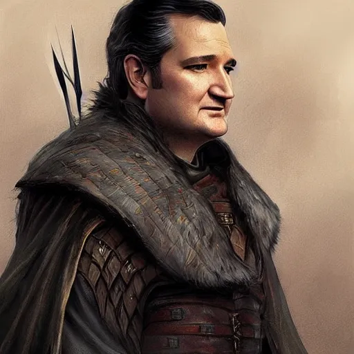 Image similar to ted cruz as a game of thrones character, highly detailed digital painting, artstation, concept art, smooth, sharp focus, illustration, art by artgerm and greg rutkowski and alphonse mucha