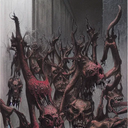 Prompt: a horrifying depiction of hell with tortured souls by wayne barlowe