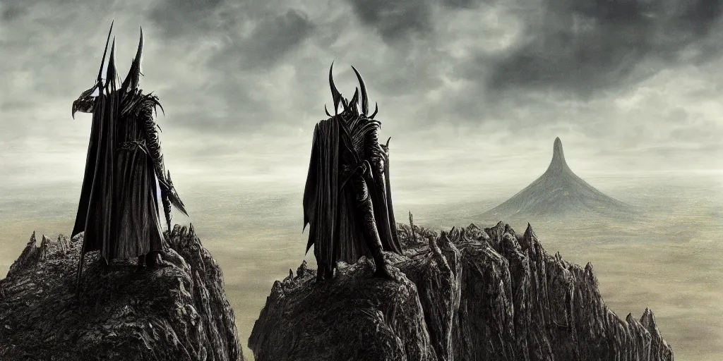 Image similar to Sauron standing on the edge of a cliff overlooking his troops at Mordor Gorgoroth Plains in the evening, detailed matte painting, cinematic, Alan Lee, Artstation