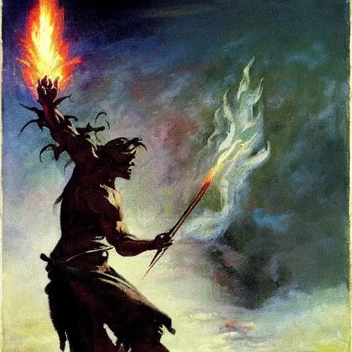 Image similar to “wizard casting a fireball spell, glowing embers, fantasy painting by frank frazetta”