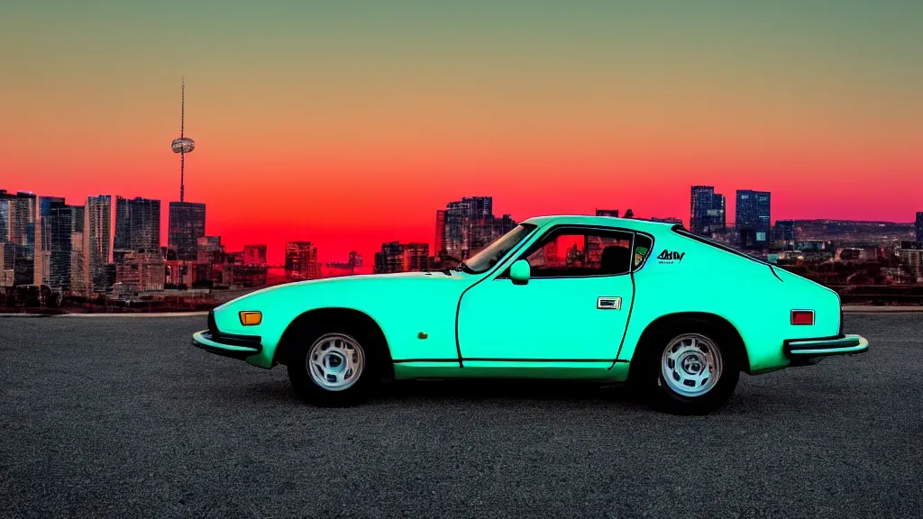 Prompt: neon synthwave 1 9 7 5 datsun 2 6 0 z at sunset, 8 k. filling most of the view