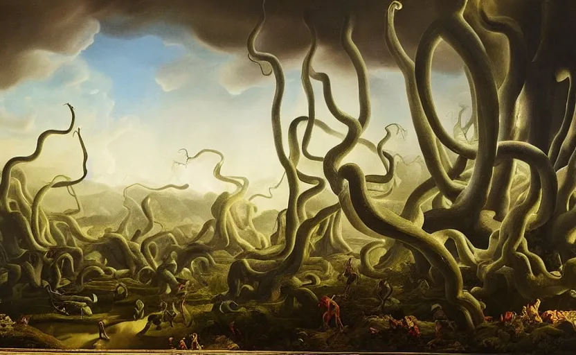 Image similar to strange hyper real disturbing tendril surrealistic landscape with very small strange figures in the distance with large looming shiny biomorphic skinny figures looming inthe foreground, cast shadows, chiaroscuro, painted by dali and rachel ruysch, timeless disturbing masterpiece