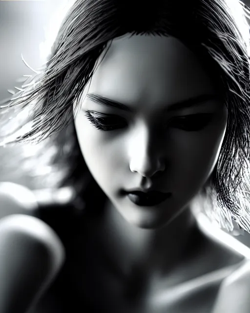 Prompt: black and white dreamy young beautiful female artificial intelligence, cinematic, rim light, bokeh, photo - realistic, elegant, high detail, 8 k, masterpiece, yoji shinkawa, photo taken in 1 9 3 0