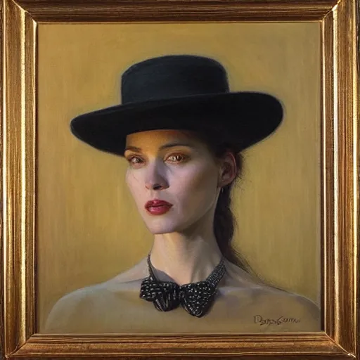 Image similar to portrait of a woman wearing a bowler hat, by donato giancola.