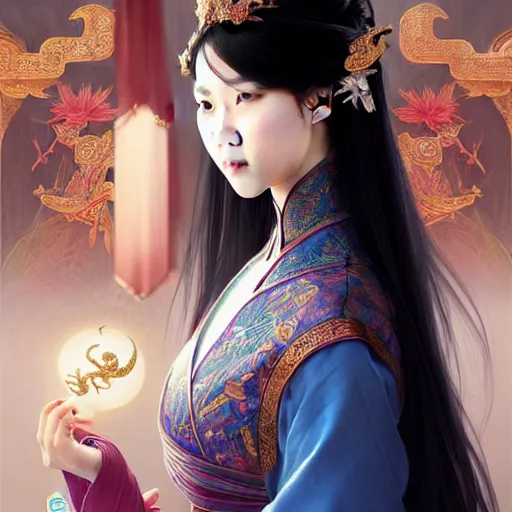 Image similar to ‘ a full portrait of two elegant Chinese princesses, kongfu fighting, D&D, blue eyes, fire hair, fantasy, intricate, elegant, highly detailed, digital painting, artstation, concept art, smooth, sharp focus, illustration, art by artgerm and greg rutkowski and alphonse mucha’