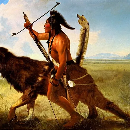 Prompt: native american man kills sabertooth with bow and arrow on great plains, painting by emanuel leutze and emanuel leutze and emanuel leutze