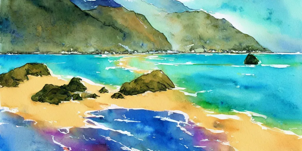 Image similar to golden bay new zealand, abel tasman, colorful watercolor painting, trending on artstation