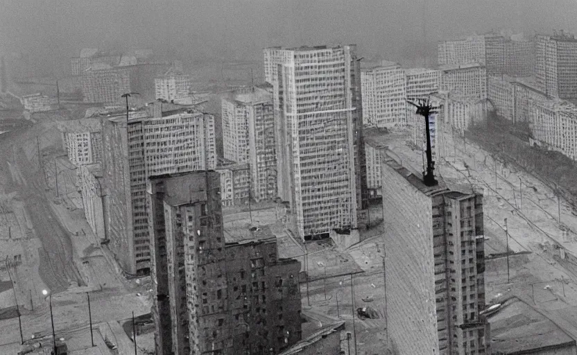 Prompt: 80s historic footage of a soviet city with soviet high rise and pedestrians, aerial photo night vision, Cinestill 800t 18mm, heavy grainy picture, very detailed, high quality, 4k panoramic, billboards and streetlight at night, rain, mud, foggy