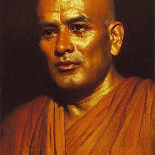 Image similar to highley detailed potrait of old srilankan buddhist monk liquid gold pouring outof mouth and eyes baroque style, painting by gaston bussiere, craig mullins, j. c. leyendecker, lights, art by ernst haeckel, john william godward, hammershøi,