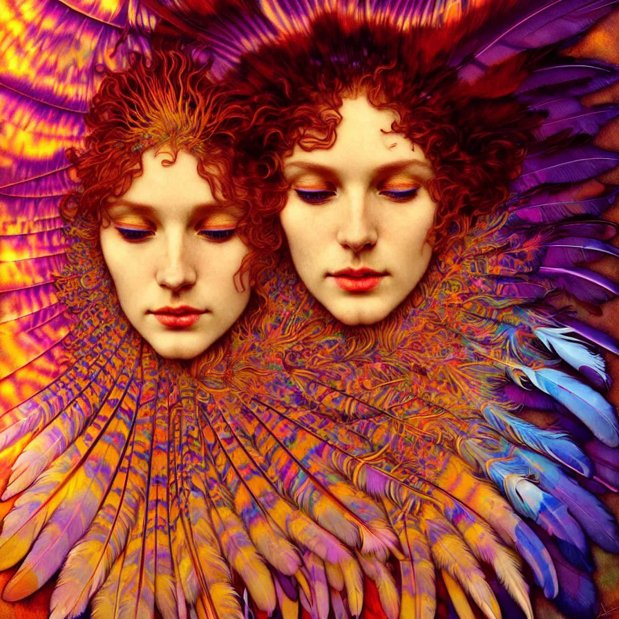 Image similar to face of innocent psychedelic transcendent feather mind bending psychedelic wings of glossy liquid honey flowing like kaleidoscopic translucent holograph, lsd feathers, feathery fluff, enlightenment, high contrast dappled lighting, refracted sunset, highly detailed, concept art, art by collier, albert aublet, krenz cushart, artem demura, alphonse mucha