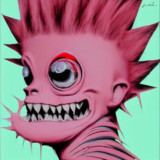 Image similar to a pink punk rock rapper alien with black spiked hair, an airbrush painting by Jamie Hewlett, cgsociety, symbolism, antichrist, aesthetic, 8k