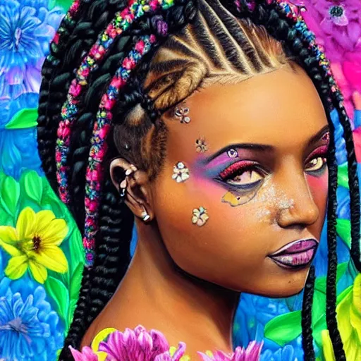 Prompt: super realistic painting of a black woman with braids combined with flowers, colorful, highly detailed, 4k, trending on artstation