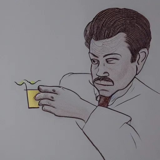 Prompt: cocktail napkin drawing of a man adjusting the tint setting on his tv being too high