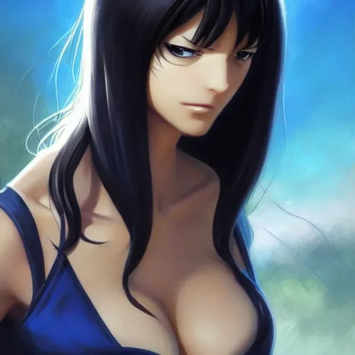 Image similar to nico robin by eiichiro oda!, makoto shinkai, blue eyes!!, large aquiline nose!!, highly detailed, digital painting, trending on artstation, concept art, matte, sharp focus, illustration, art by artgerm, greg rutkowski, magali villeneuve, and adolphe bouguereau