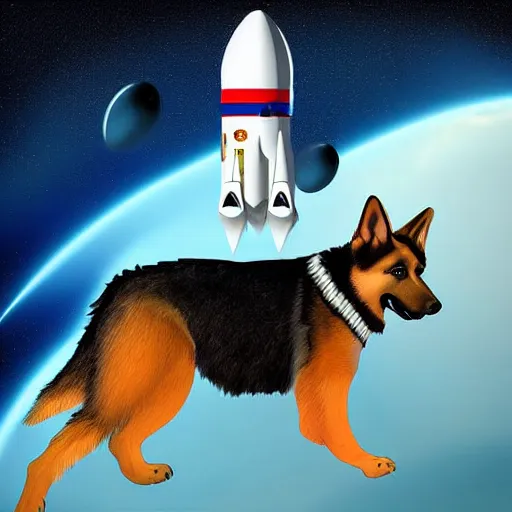 Image similar to Cosmonaut German Shepard flying on a rocket, Digital art,