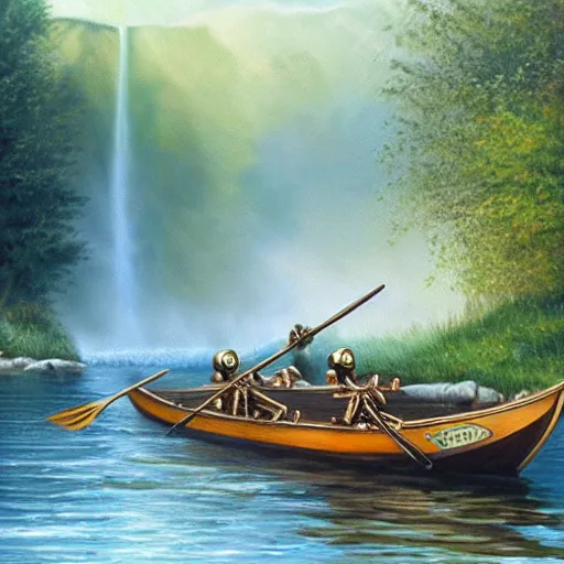 Prompt: oil painting of a human skeleton in a row boat rowing down a beautiful river near a waterfall, painted by larry elmore, high detail