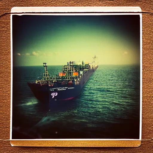 Image similar to !dream cargo ship hijacked by somalian pirates, foreshortening photography, foreshortened perspective, grainy photo, cinematic, cinematography, polaroid