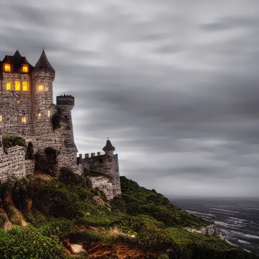 Prompt: dramatic castle on a cliff, stormy night, landscape, 8 k, detailed, beautiful