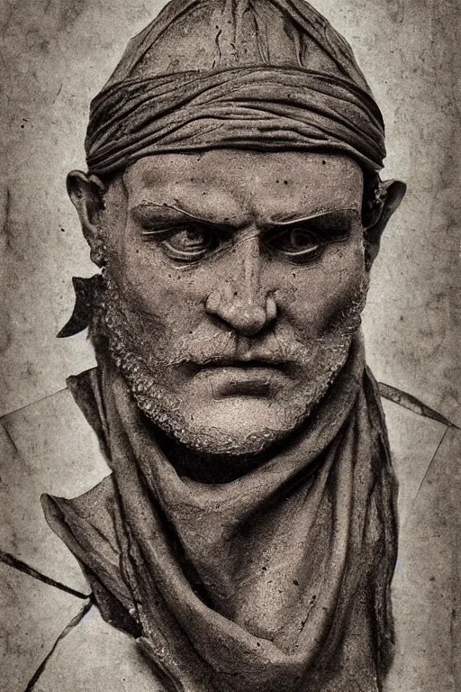 Image similar to donatello from tmnt, portrait, full body, symmetrical features, silver iodide, 1 8 8 0 photograph, sepia tone, aged paper, sergio leone, master prime lenses, cinematic