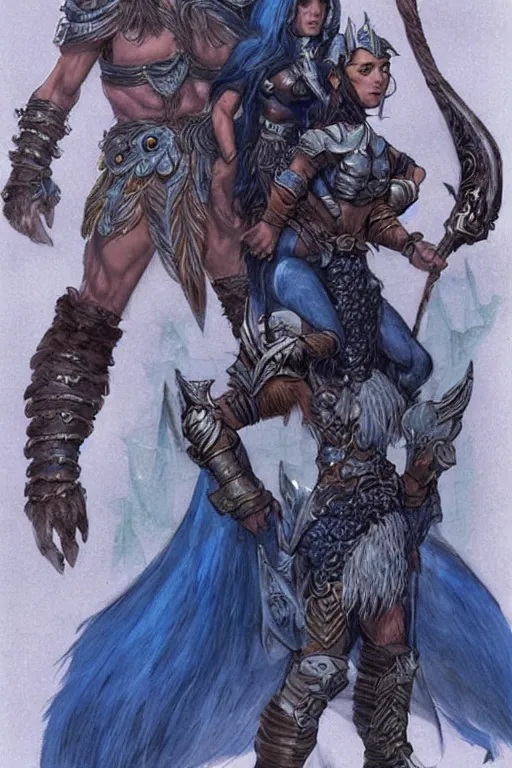 Image similar to a small blue-skinned triton girl wearing scale armor riding on a the shoulders of a large male goliath wearing fur and leather armor, dnd concept art, painting by Larry Elmore and ross tran