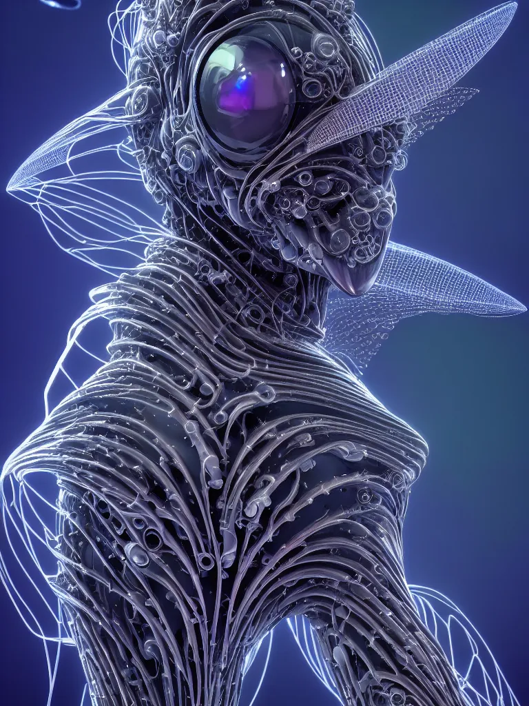 Prompt: futuristic biomech being, ethereal machine, ultralight, quantum deep magic, wings, wires and veins, ferrofluid, bismuth, unsettling yet delicate and beautiful, style blend of hideo kojima, shojo manga, and botticelli, 4 k photorealistic, ultra fine inklines, arnold render