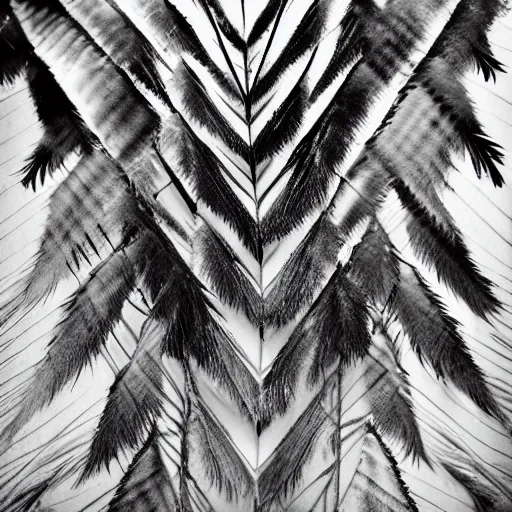 Image similar to isometric view of an hybrid ethnographic object made of feather and abstract patterns on display, ( conceptual art ), ( ready - made ), offset photography, black and white photography, nikon f 1 1