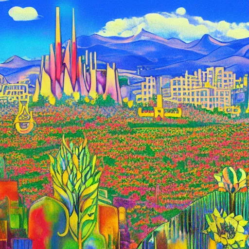 Prompt: a Metropolis by Antoni Gaudi, with flower fields as foreground, with mountains as background, sunny skies, cinematic, Art station