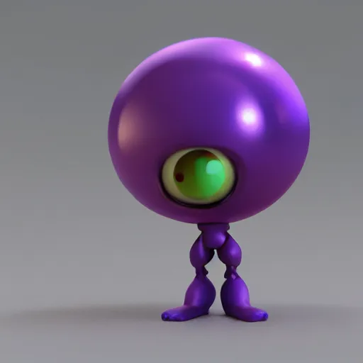 Image similar to photo of a comically tiny clay model of character with large spherical purple head and large childlike eyes with comically tiny body and spindly limbs leans close to the camera, fish eye lens, 4 k, hyper realistic, hyper detailed face, octane render, comedic, cute