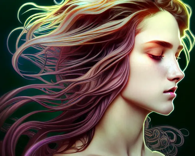 Image similar to overlord, psychedelic flowing hair, close eyes, portrait, highly detailed, deep focus, elegant, digital painting, smooth, sharp focus, illustration, ultra realistic, 8 k, art by artgerm and alphonse mucha