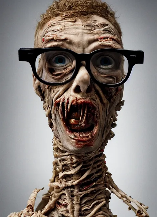 Prompt: 8 5 mm f 1. 8 photograph of a claymation zombie mummy wearing hipster glasses, highly detailed diorama, by erwin olaf and anton corbijn, smooth, sharp foccus, commercial photography, fashion shoot